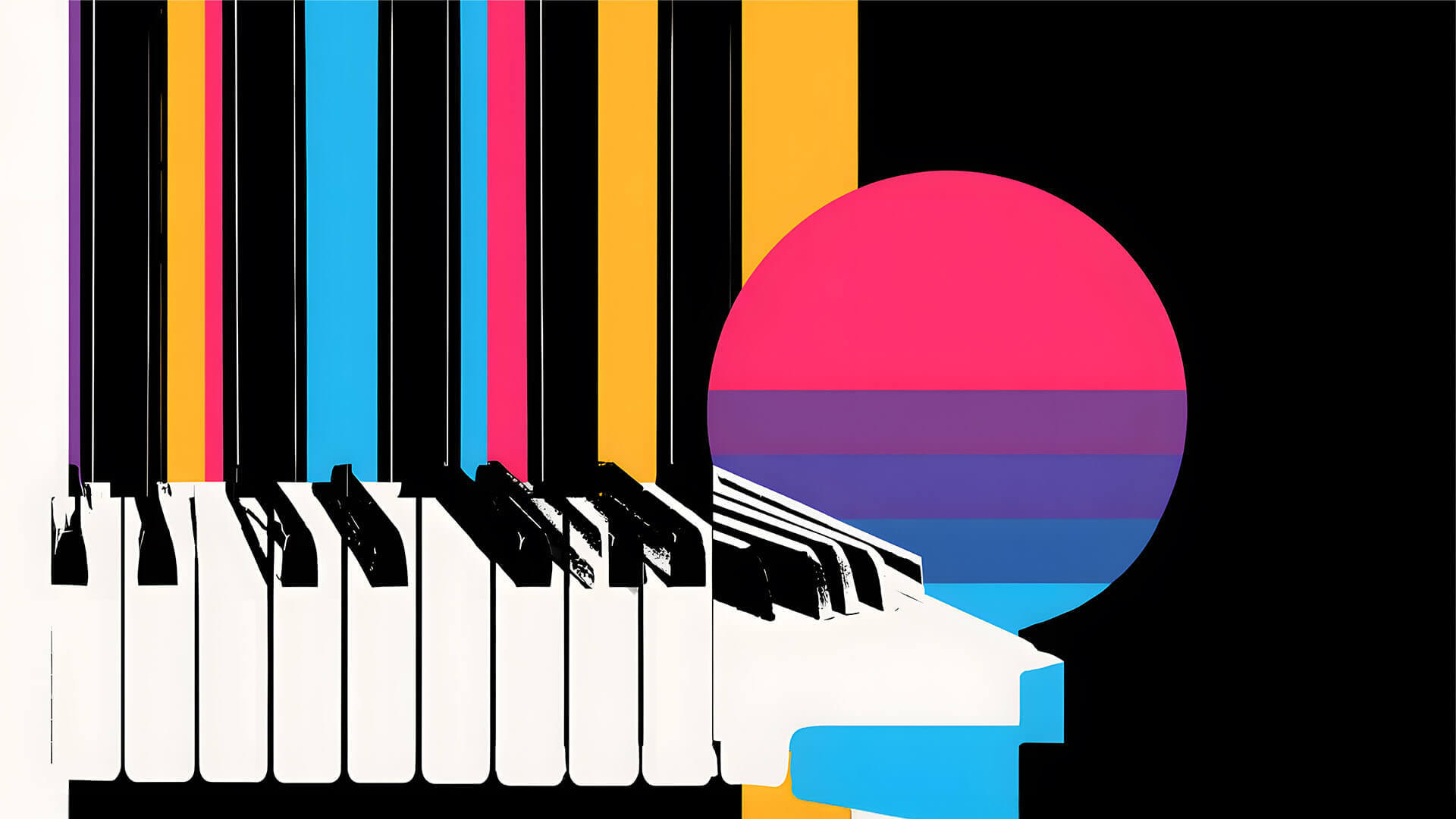 Vibrant piano keyboard with colorful abstract geometric shapes
