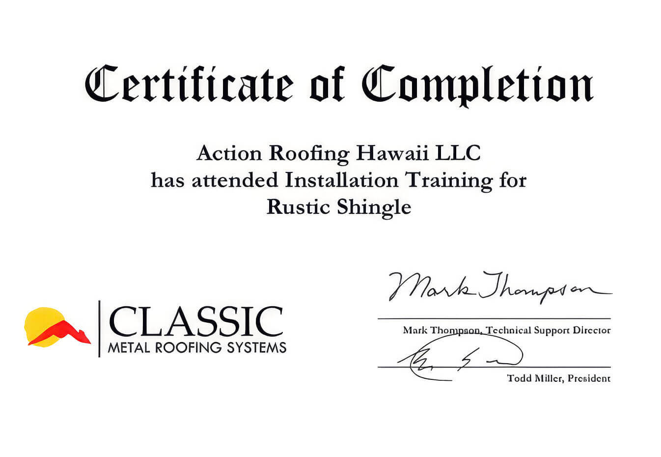 Certification classic metal roofing systems