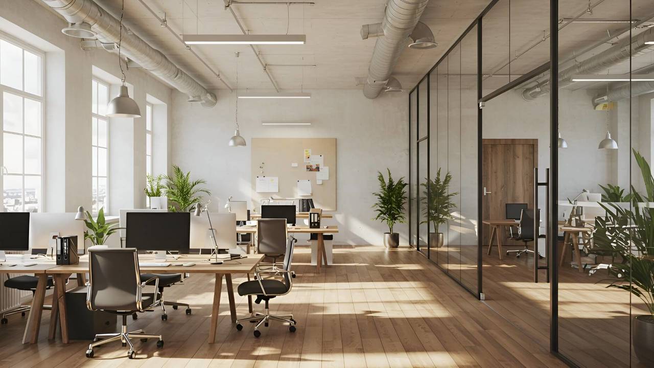 A modern, open-plan office space showcases minimalist design, natural light, and stylish furniture, great for advertising a contemporary and collaborative work environment.