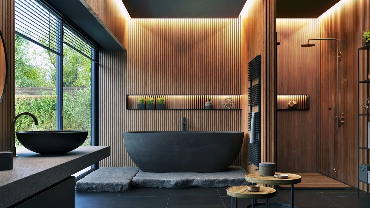 Bathroom interior design with matte black bath and modern shower.